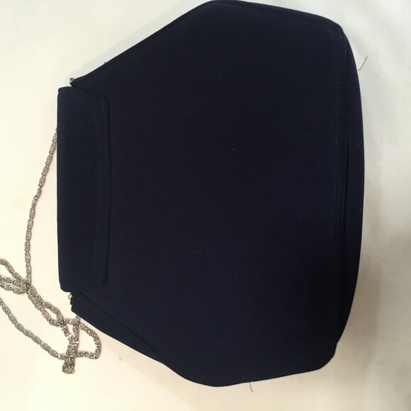 Champagne Itlay evening bag \ crossbody navy blue chain silver 9" tall - Picture 4 of 5